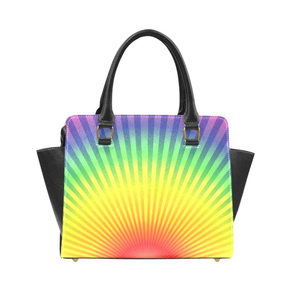 Top Handle Leather Handbag featuring a Rainbow Radial Rivet Design, showcasing its stylish and personalized look.