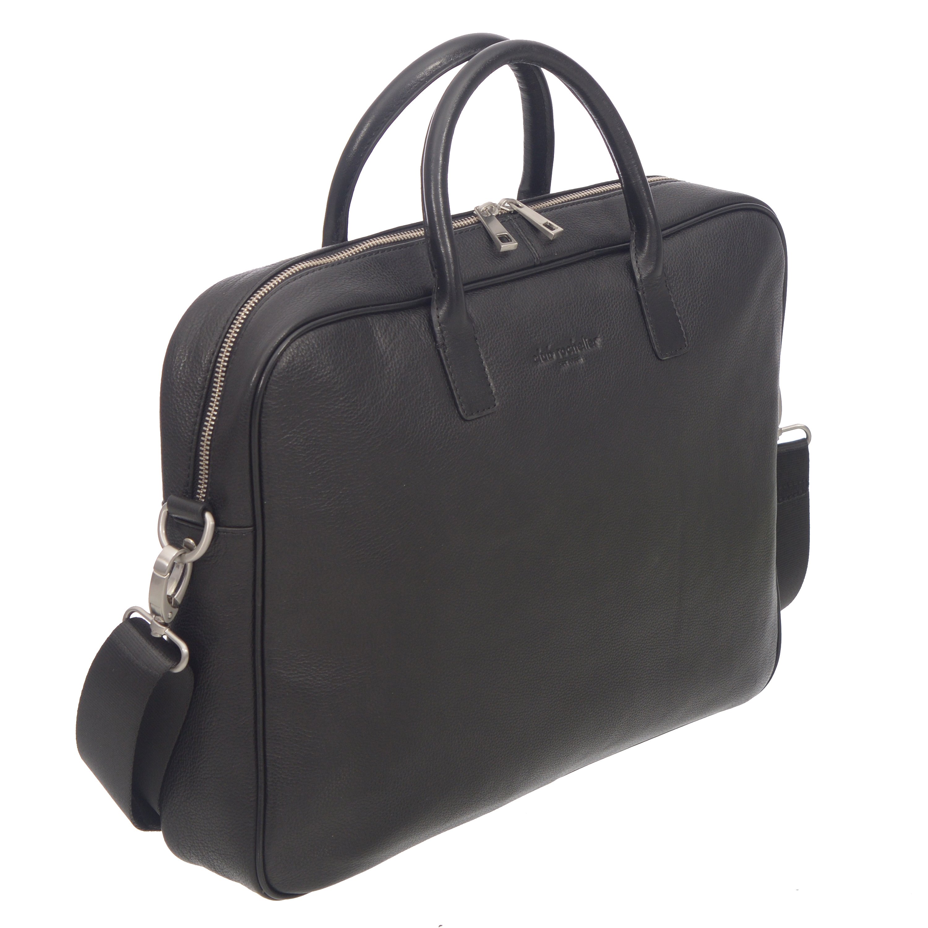 Top Handle Messenger Leather Briefcase in genuine textured leather with adjustable strap and multiple compartments for organization.