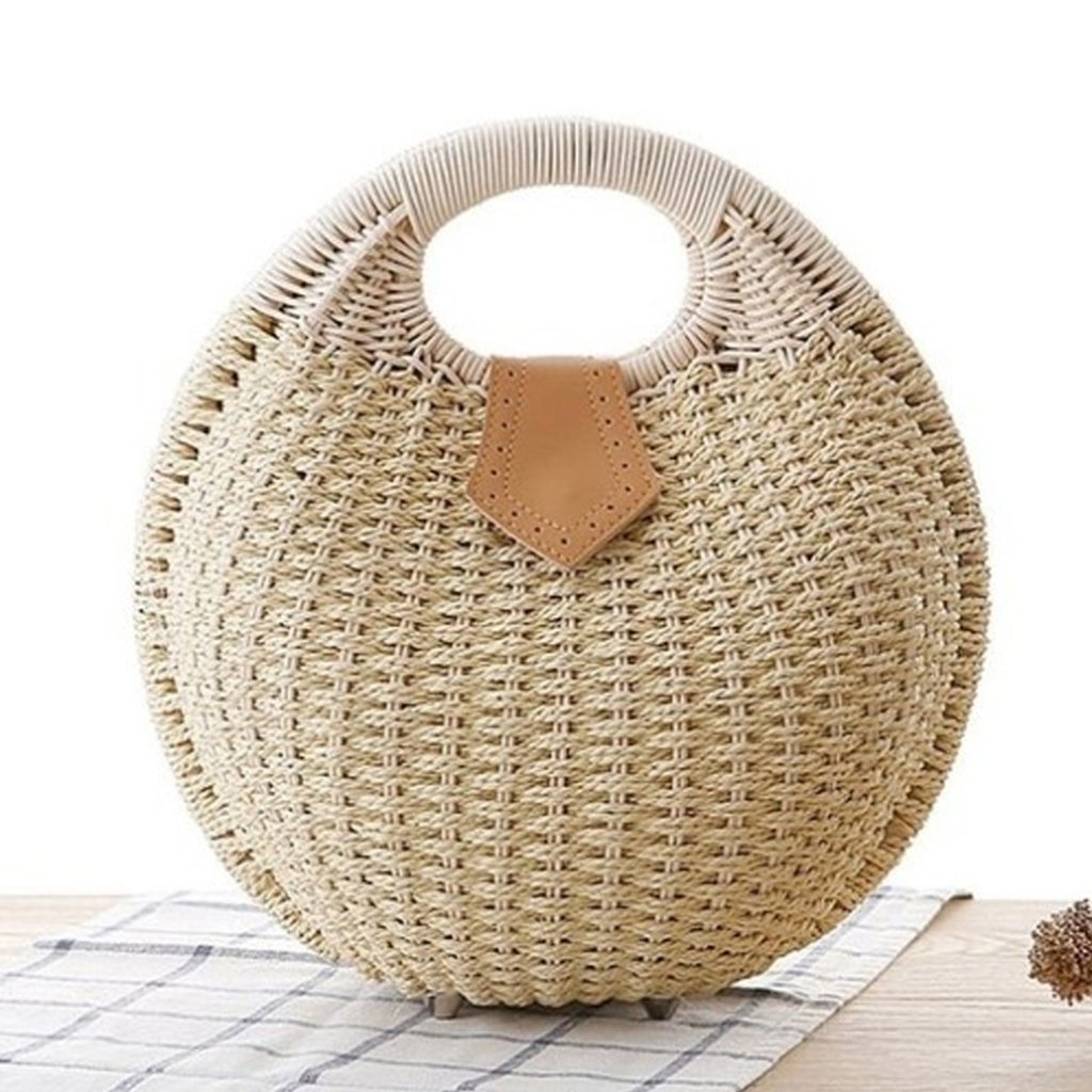 Top Handle Wicker Handbag in Round Shape, featuring a beige and red color scheme, crafted from eco-friendly wicker material.