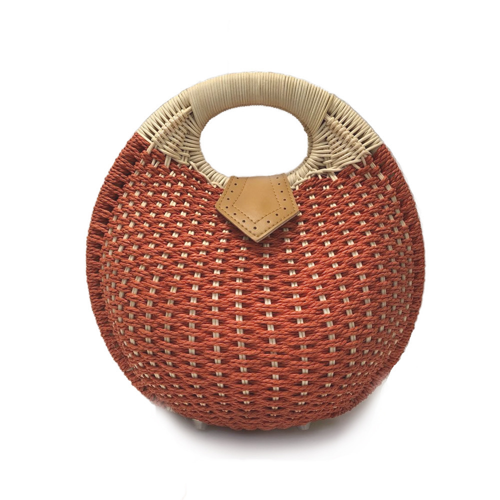 Top Handle Wicker Handbag in Round Shape, featuring a beige and red color scheme, crafted from eco-friendly wicker material.