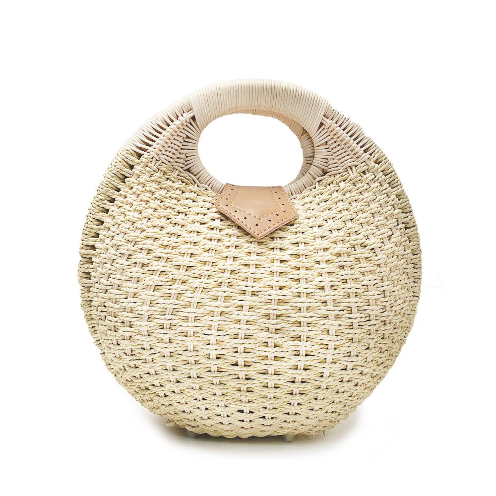 Top Handle Wicker Handbag in Round Shape, featuring a beige and red color scheme, crafted from eco-friendly wicker material.