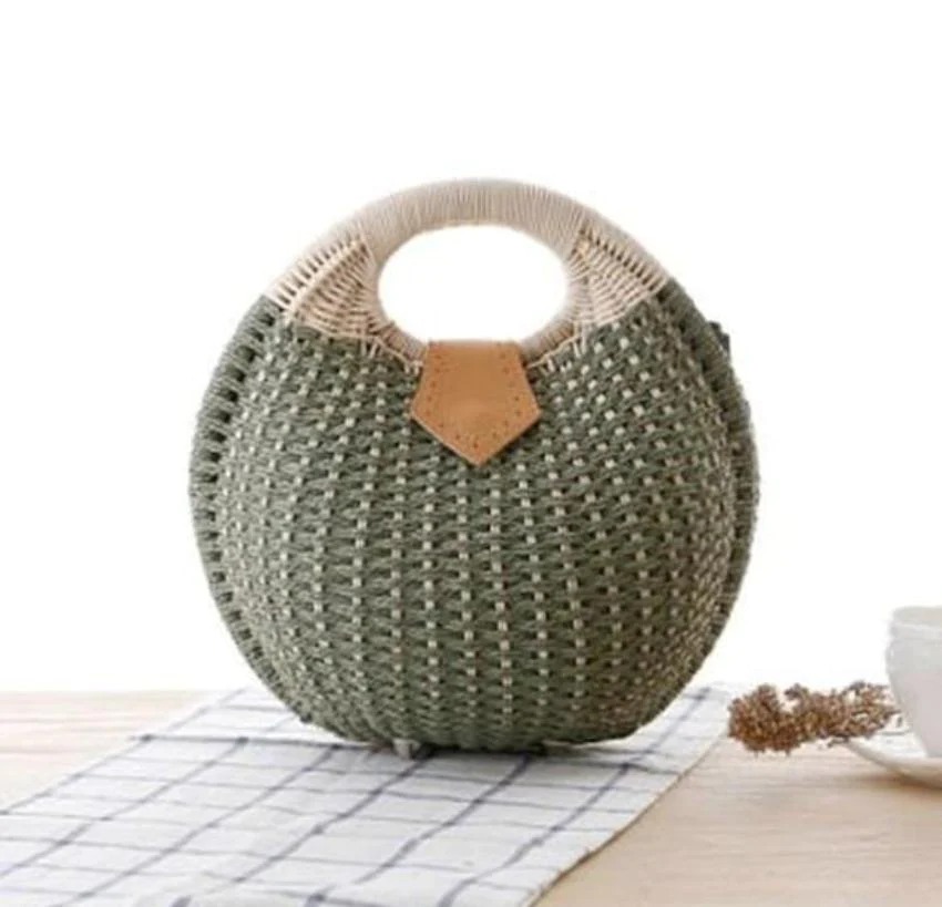 Top Handle Wicker Handbag in Round Shape, featuring a beige and red color scheme, crafted from eco-friendly wicker material.