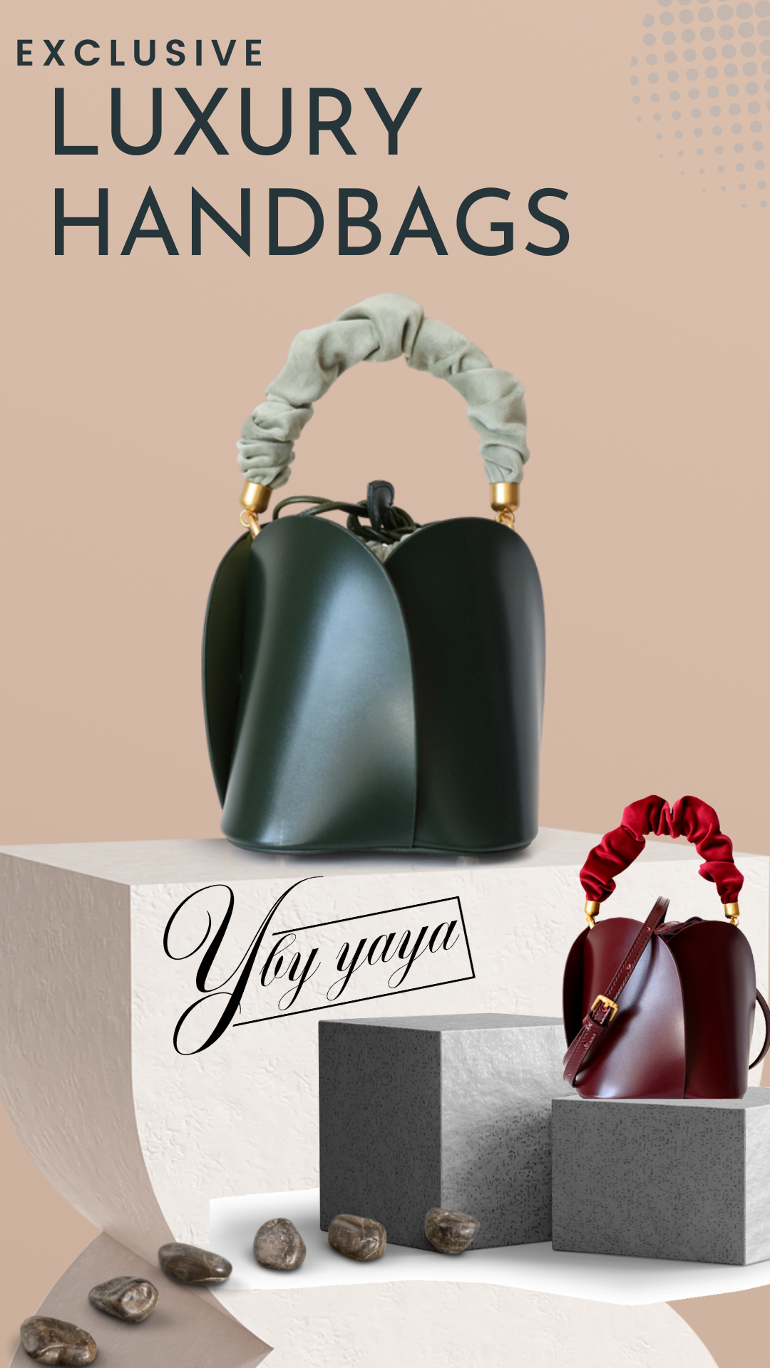 Tulip Leather Bucket bag featuring a unique four-bladed design and frilled handle, made from genuine leather.