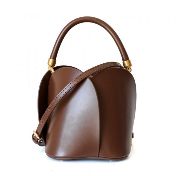 Tulip Leather Bucket bag featuring a unique four-bladed design and frilled handle, made from genuine leather.