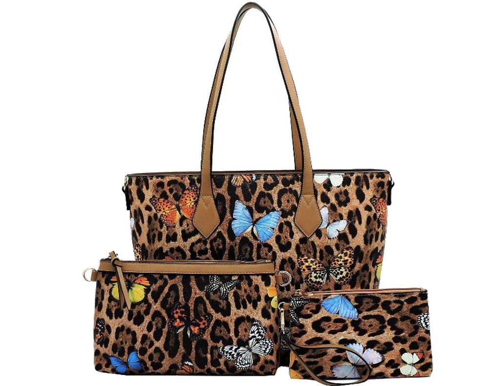 Tyanna - Tan handbag featuring a tan and leopard butterfly design, faux vegan leather, and gold-tone hardware.