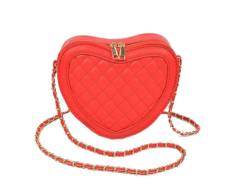 Timmy Woods Valentine Crossbody Bag in quilted heart shape, featuring fine red and black vegan leather with gold-tone hardware.