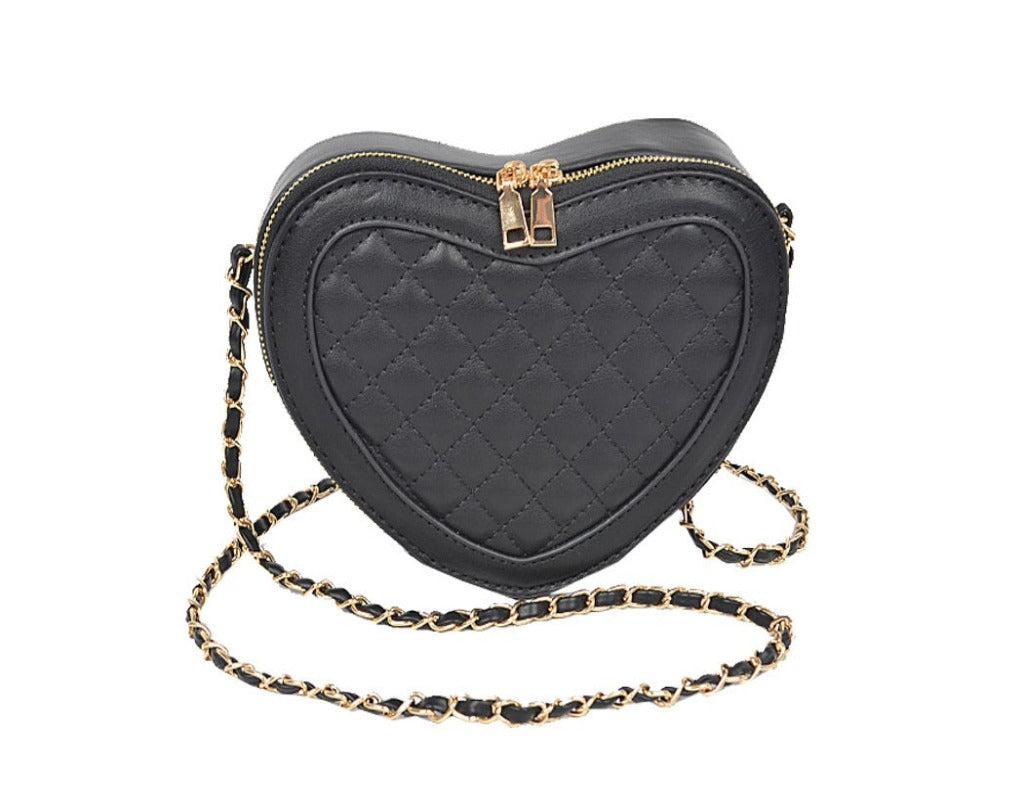 Valentino Timmy Woods Quilted Heart Shape Crossbody Bag in fine black vegan leather with gold-tone hardware.