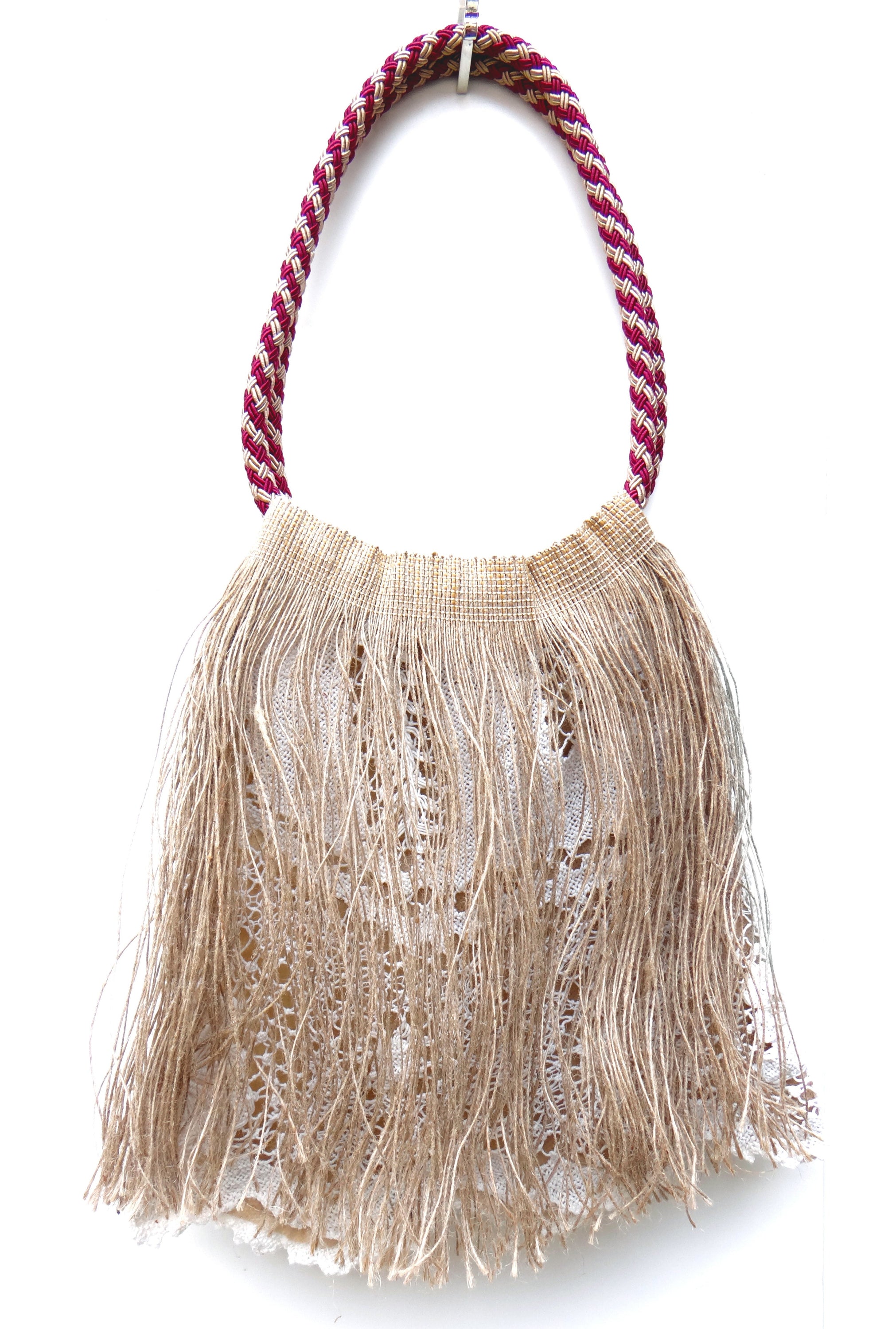 VENEZIANO Victorian style handbag featuring brown-burgundy lace with decorative fringe and a double cord handle.