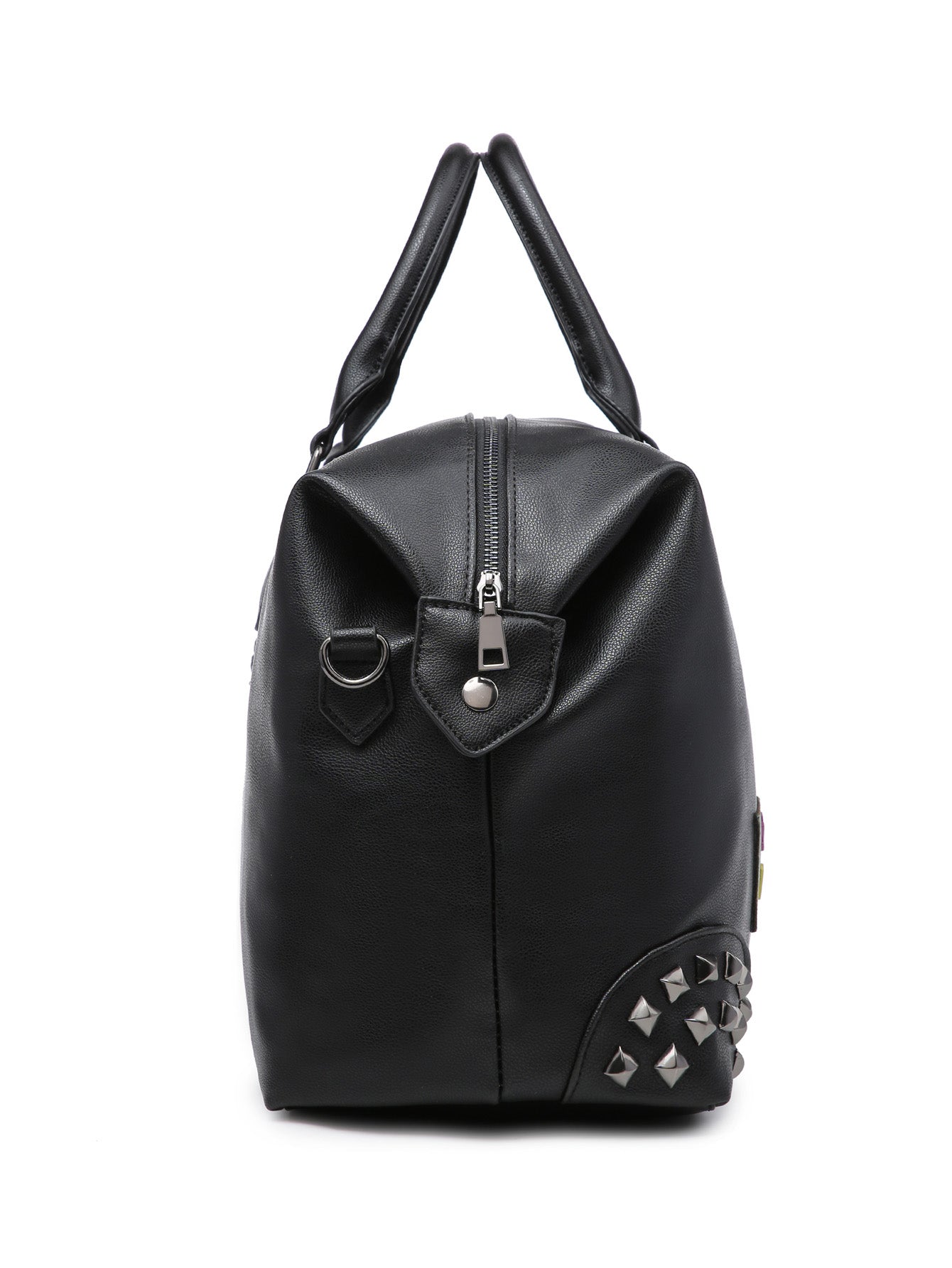 Oversized Weekender Duffel Purse in black faux leather with adjustable shoulder strap, perfect for travel.