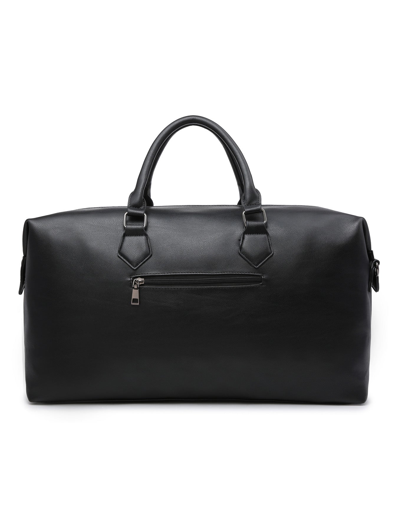 Oversized Weekender Duffel Purse in black faux leather with adjustable shoulder strap, perfect for travel.