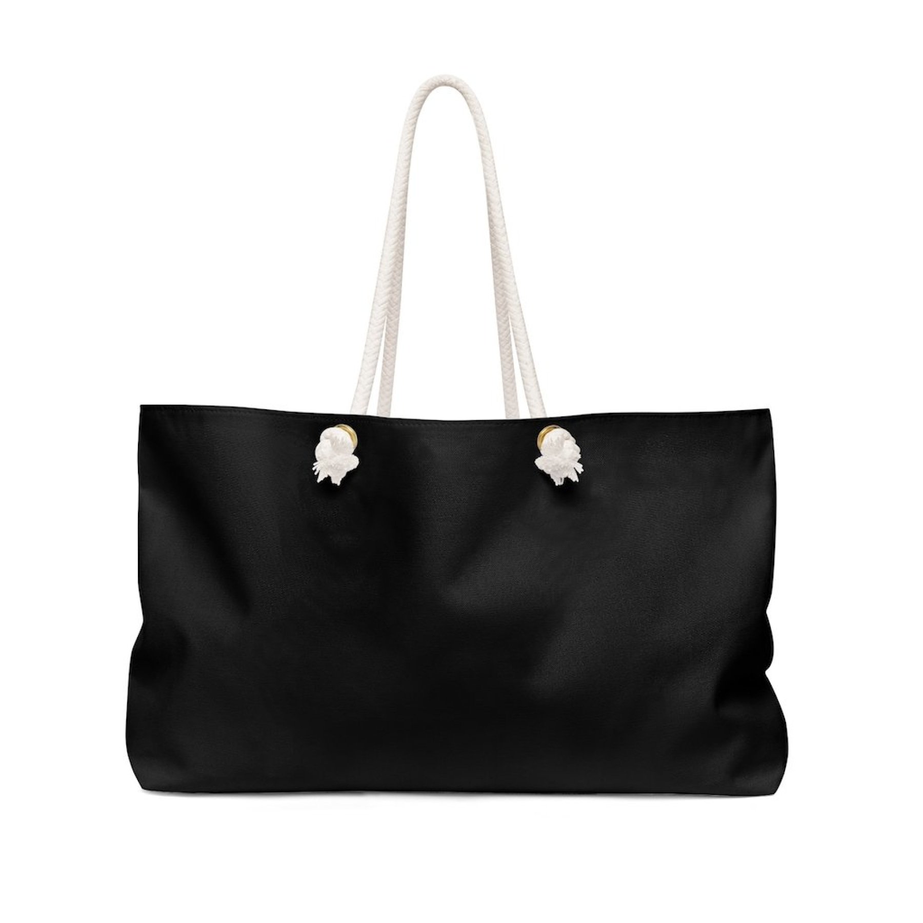 Black oversized Weekender Tote Bag with thick rope handles, spacious interior, and durable spun polyester material, perfect for travel and everyday use.