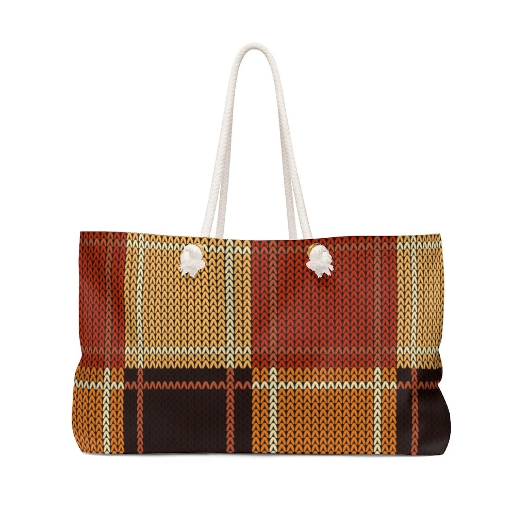 Brown Checker Weekender Tote Bag with thick rope handles, spacious interior, and stylish design, perfect for weekend getaways.