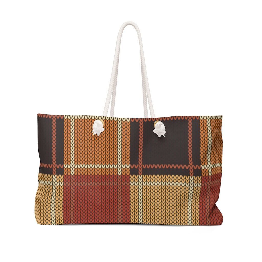 Brown Checker Weekender Tote Bag with thick rope handles, spacious interior, and stylish design, perfect for weekend getaways.