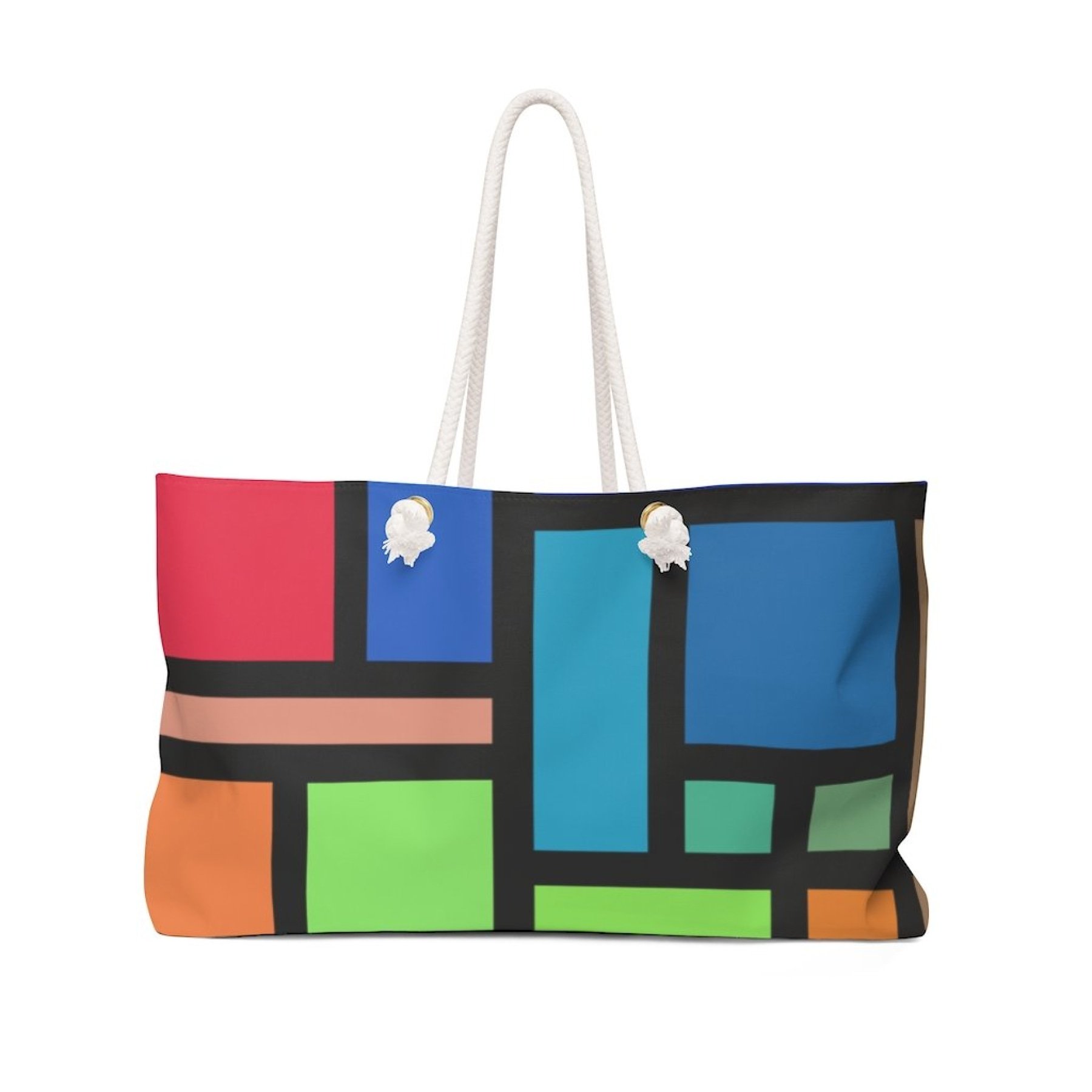 Colorblock Weekender Tote Bag with thick rope handles, spacious interior, and vibrant design, perfect for beach trips and casual outings.