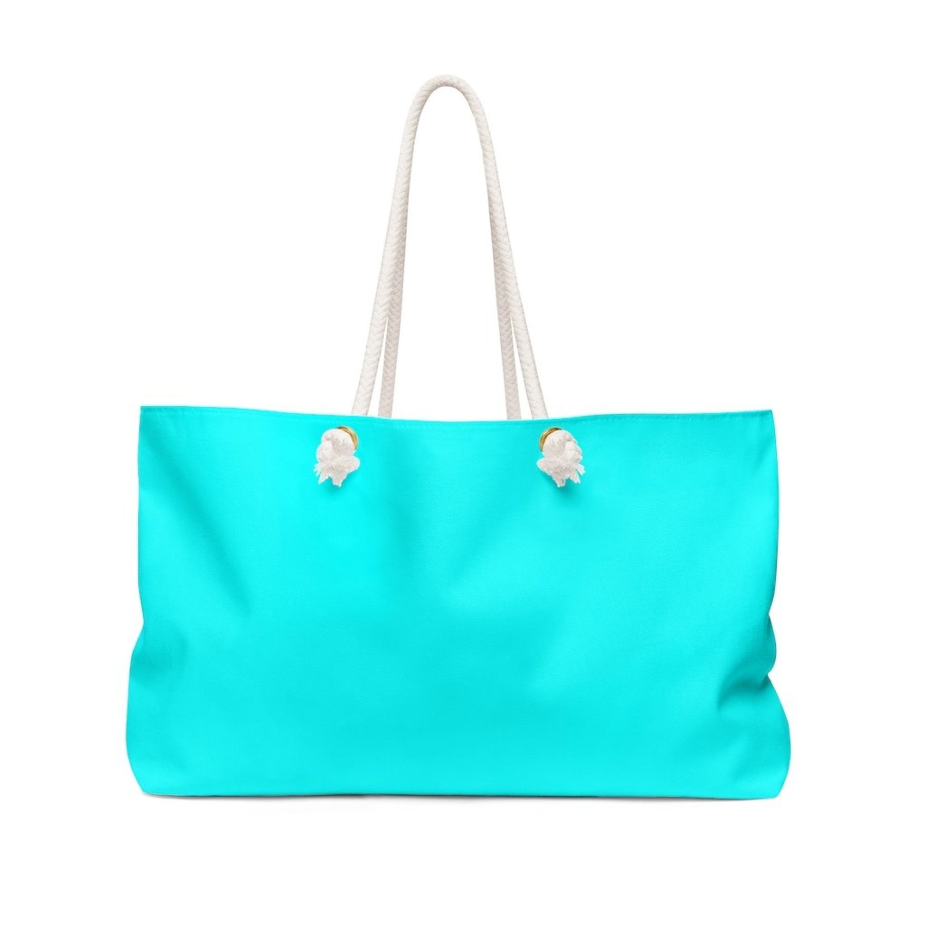 Cyan Blue Weekender Tote Bag with thick rope handles, spacious design, and laminated lining, perfect for beach or city outings.