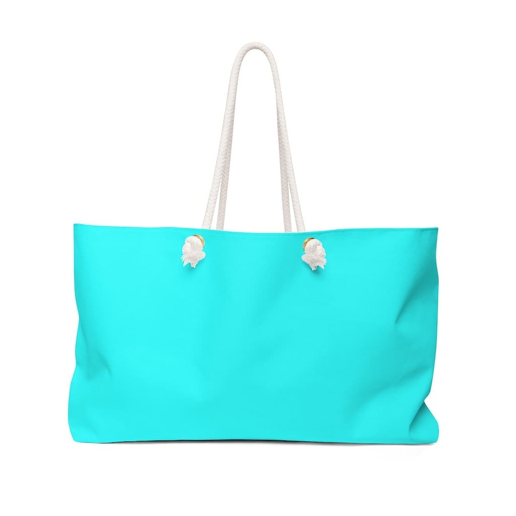 Cyan Blue Weekender Tote Bag with thick rope handles, spacious design, and laminated lining, perfect for beach or city outings.