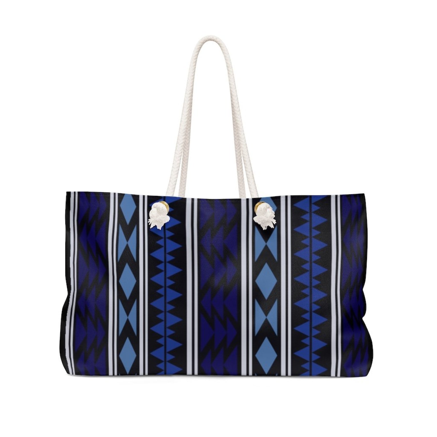 Oversized Weekender Tote Bag in Dark Blue Aztec Print with thick rope handles, perfect for beach trips and casual outings.