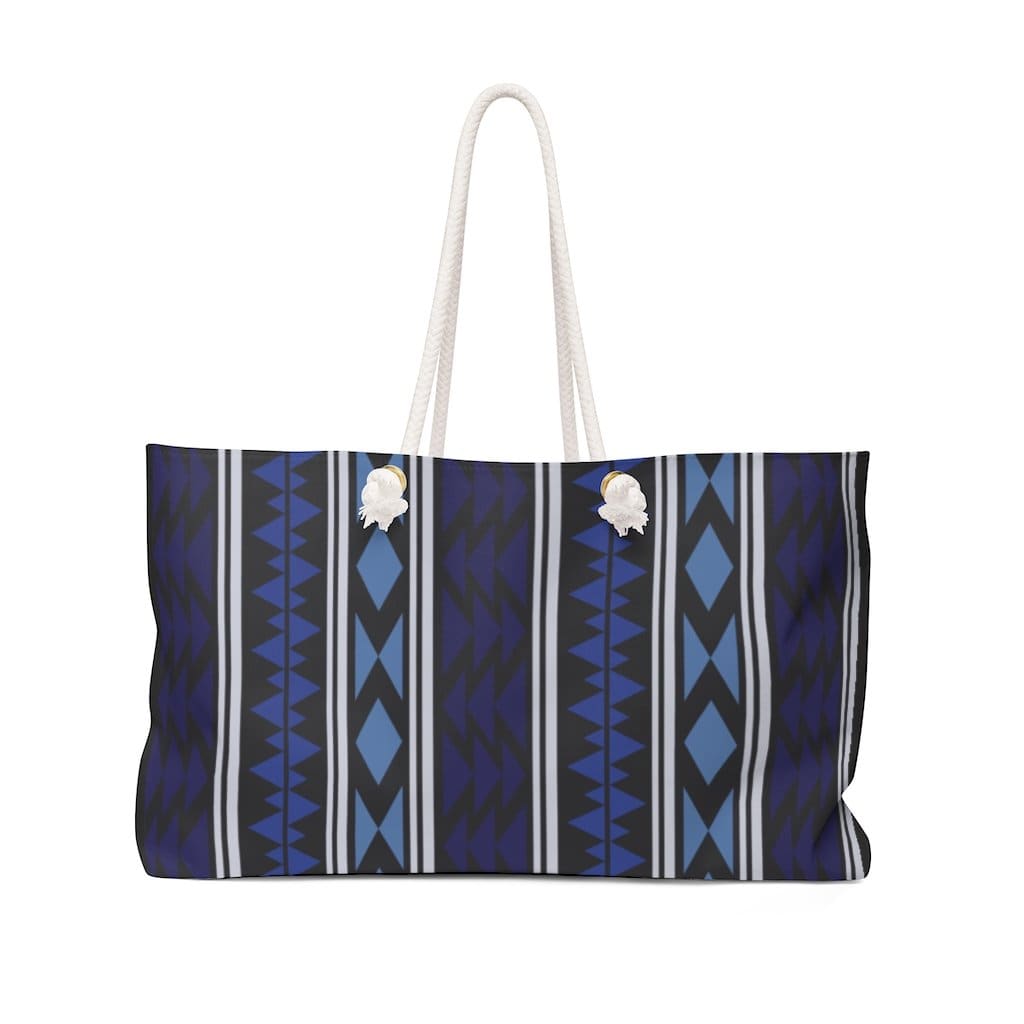 Oversized Weekender Tote Bag in Dark Blue Aztec Print with thick rope handles, perfect for beach trips and casual outings.