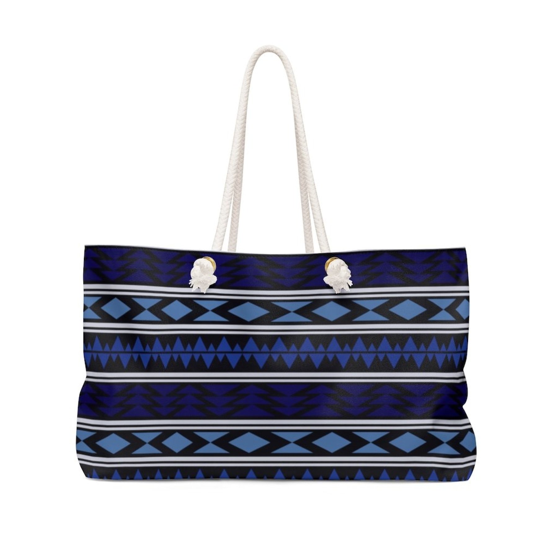 Dark Blue Aztec Weekender Tote Bag with thick rope handles and spacious interior, perfect for beach trips and casual outings.