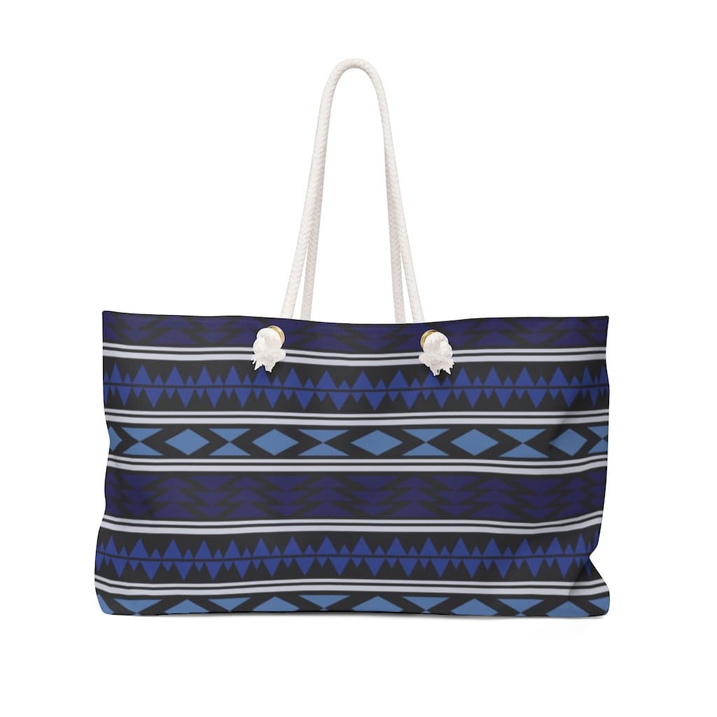 Dark Blue Aztec Weekender Tote Bag with thick rope handles and spacious interior, perfect for beach trips and casual outings.