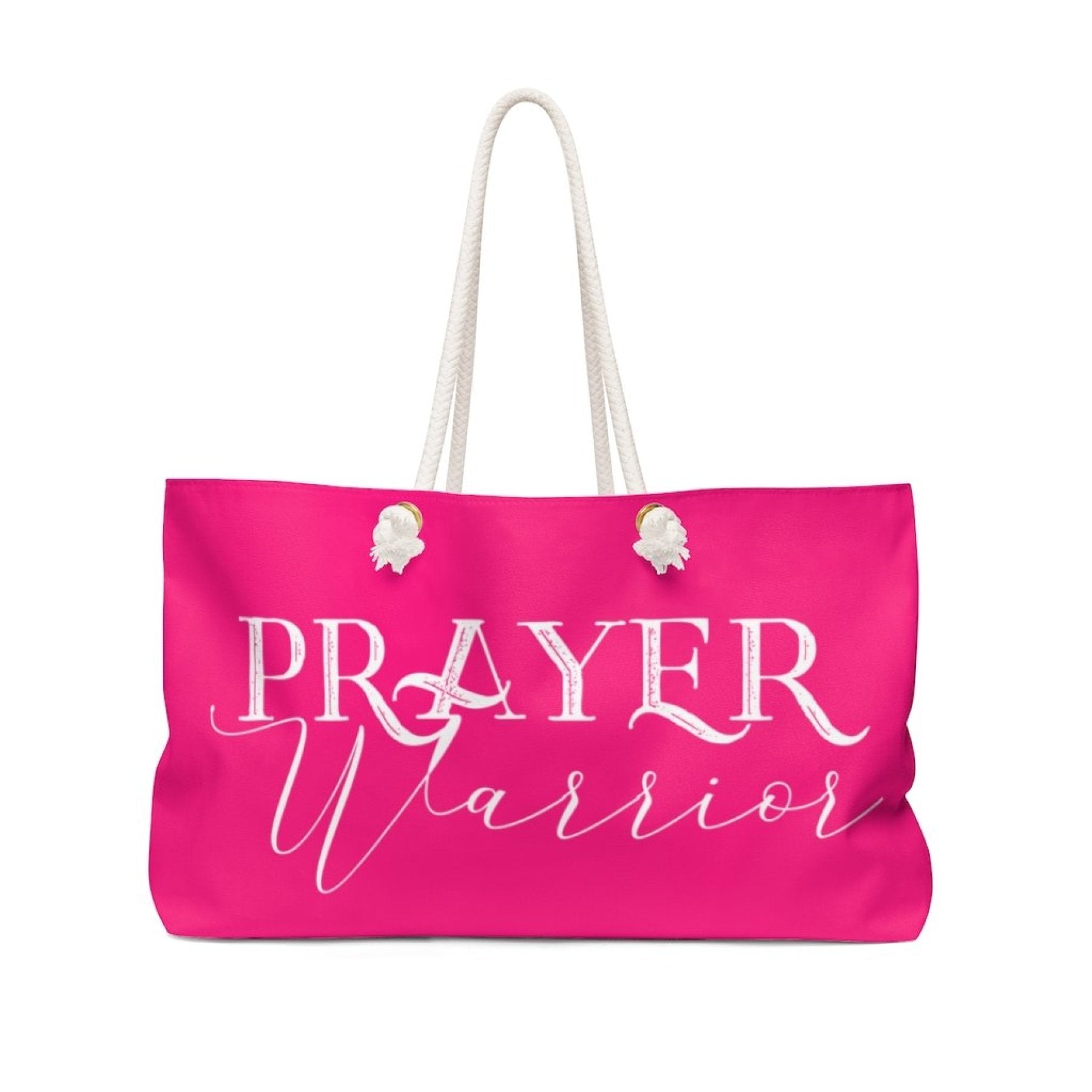 Pink and white oversized Weekender Tote Bag with thick rope handles, featuring a Prayer Warrior design, perfect for beach trips and casual outings.