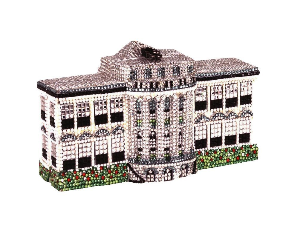 Limited edition White House II handbag made of hand-carved acacia wood, adorned with over 7,000 Swarovski™ crystals, featuring intricate White House design.