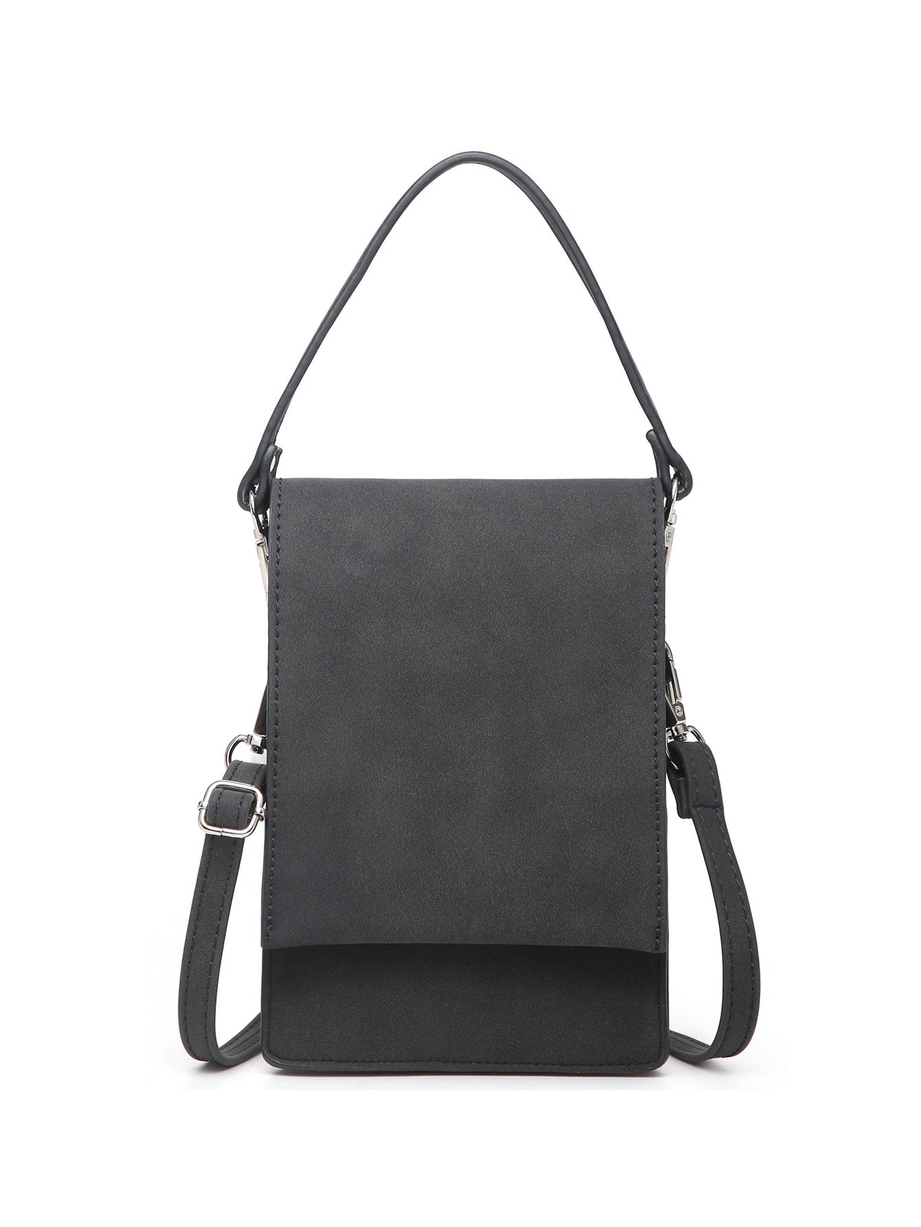 Women Small Crossbody Purse in black suede, featuring multiple pockets for phone and essentials.