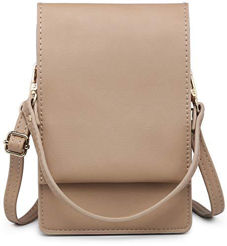 Women Small Crossbody Purse in synthetic leather, featuring three pockets and a compact design for 6-inch phones.