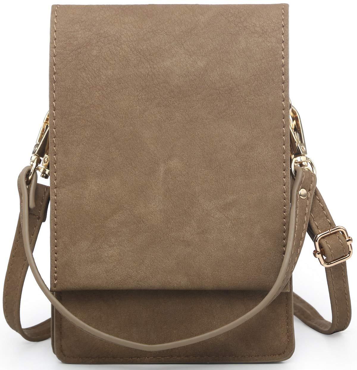 Women Small Crossbody Purse in synthetic leather, featuring three pockets and a compact design for 6-inch phones.