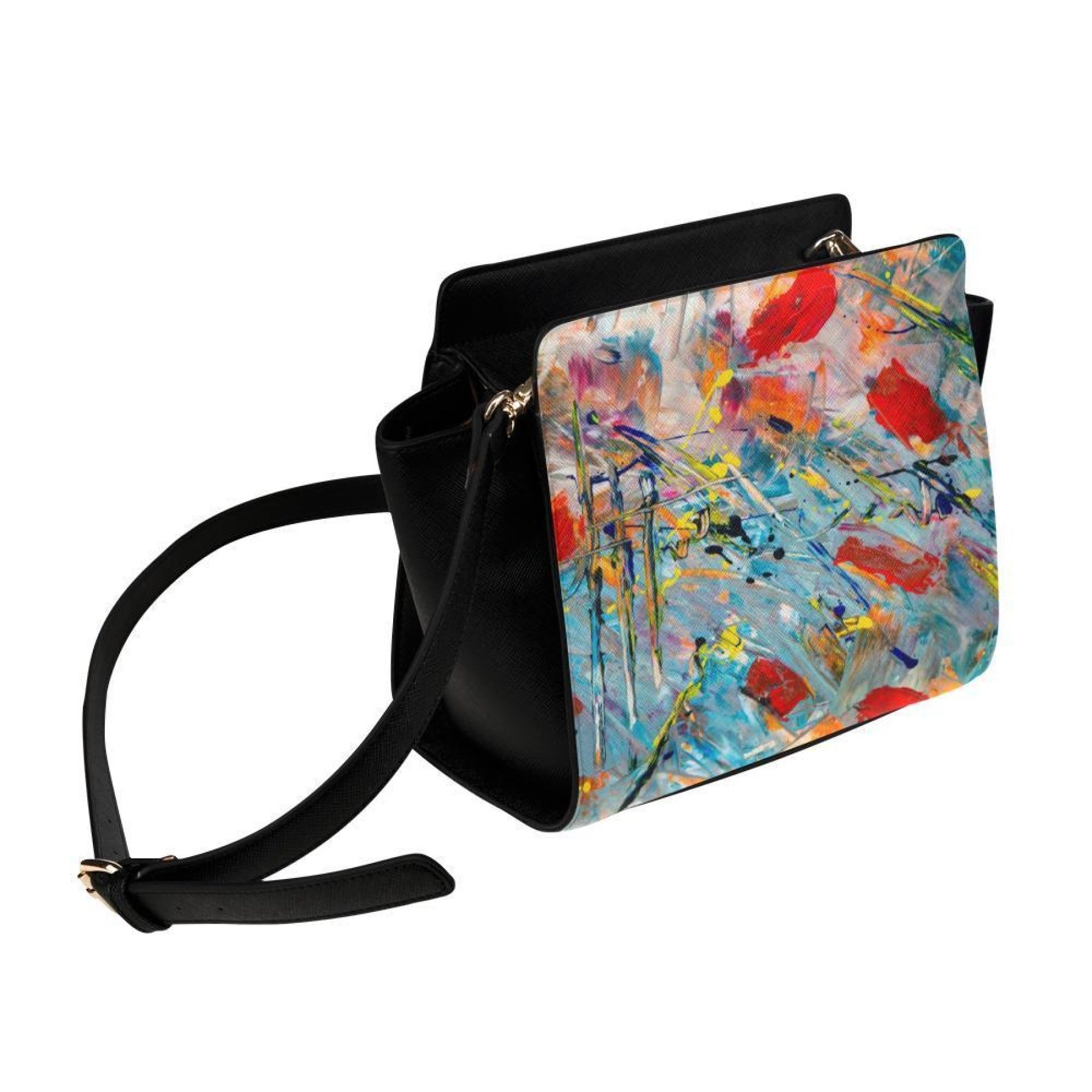 Women’s Crossbody Bag featuring a vibrant multicolor abstract design, perfect for casual and formal occasions.