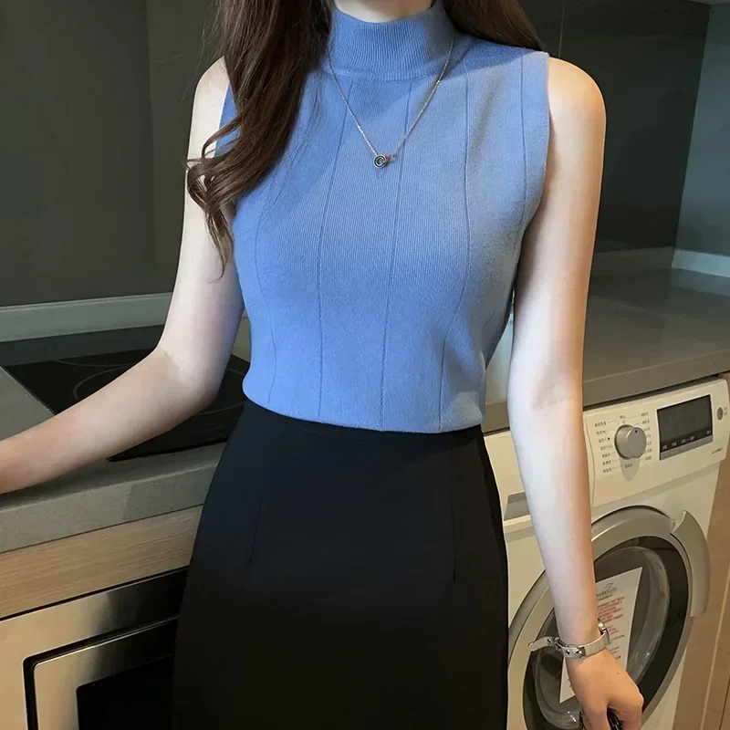 Women's Korean Theme High Collar Sleeveless Top in various colors, showcasing its elegant design and high-quality fabric.