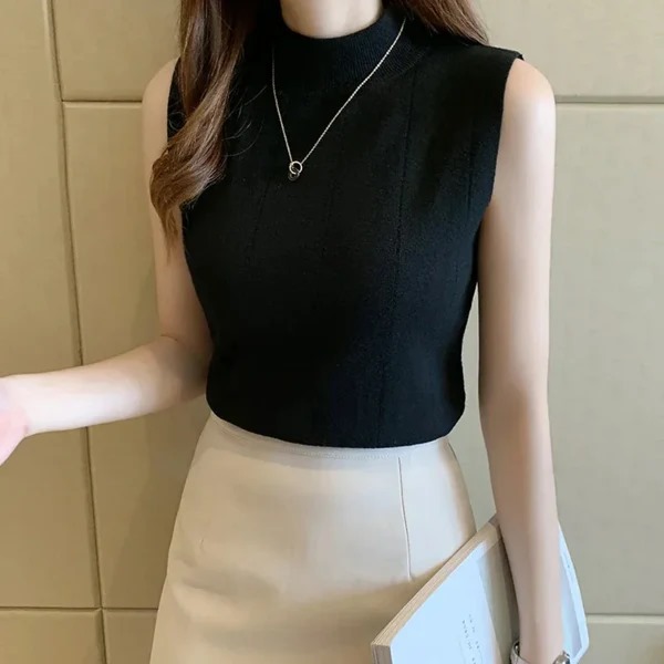 Women's Korean Theme High Collar Sleeveless Top in various colors, showcasing its elegant design and high-quality fabric.