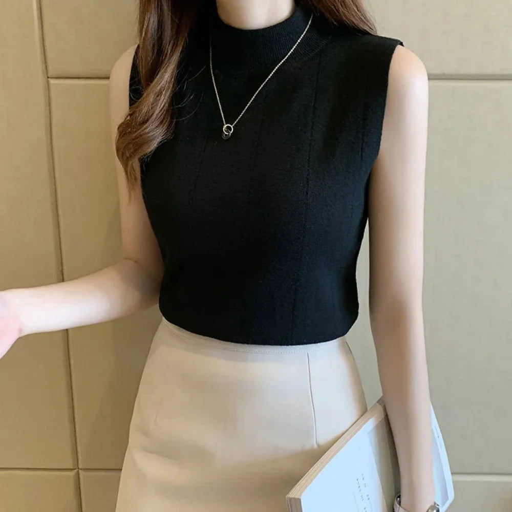 Women's Korean Theme High Collar Sleeveless Top in various colors, showcasing its elegant design and high-quality fabric.