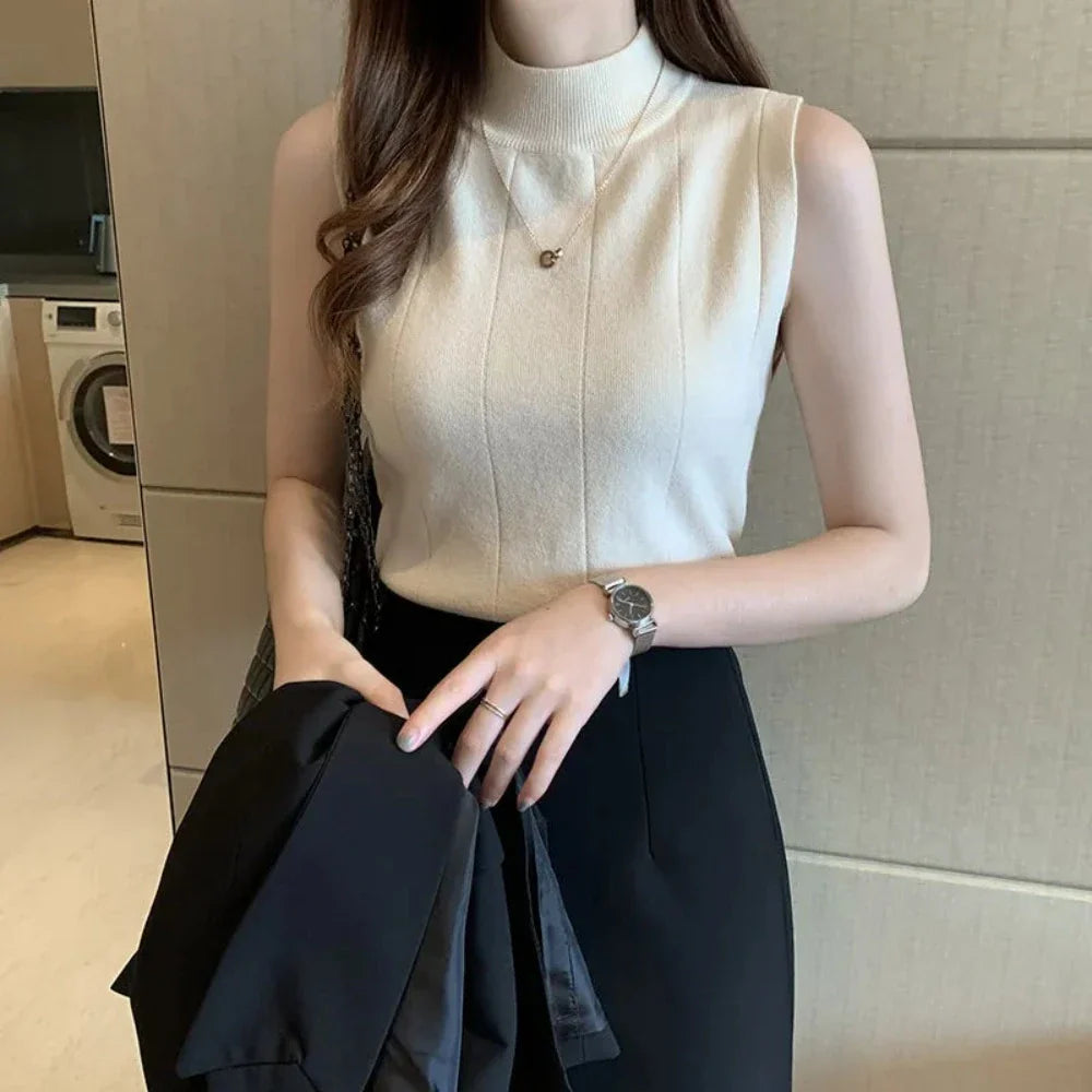 Women's Korean Theme High Collar Sleeveless Top in various colors, showcasing its elegant design and high-quality fabric.