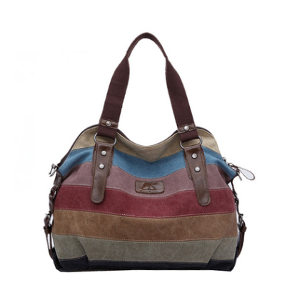 A vibrant Women's Rainbow Striped Canvas Handbag featuring a colorful striped design, soft handles, and a zipper closure, ideal for daily use.