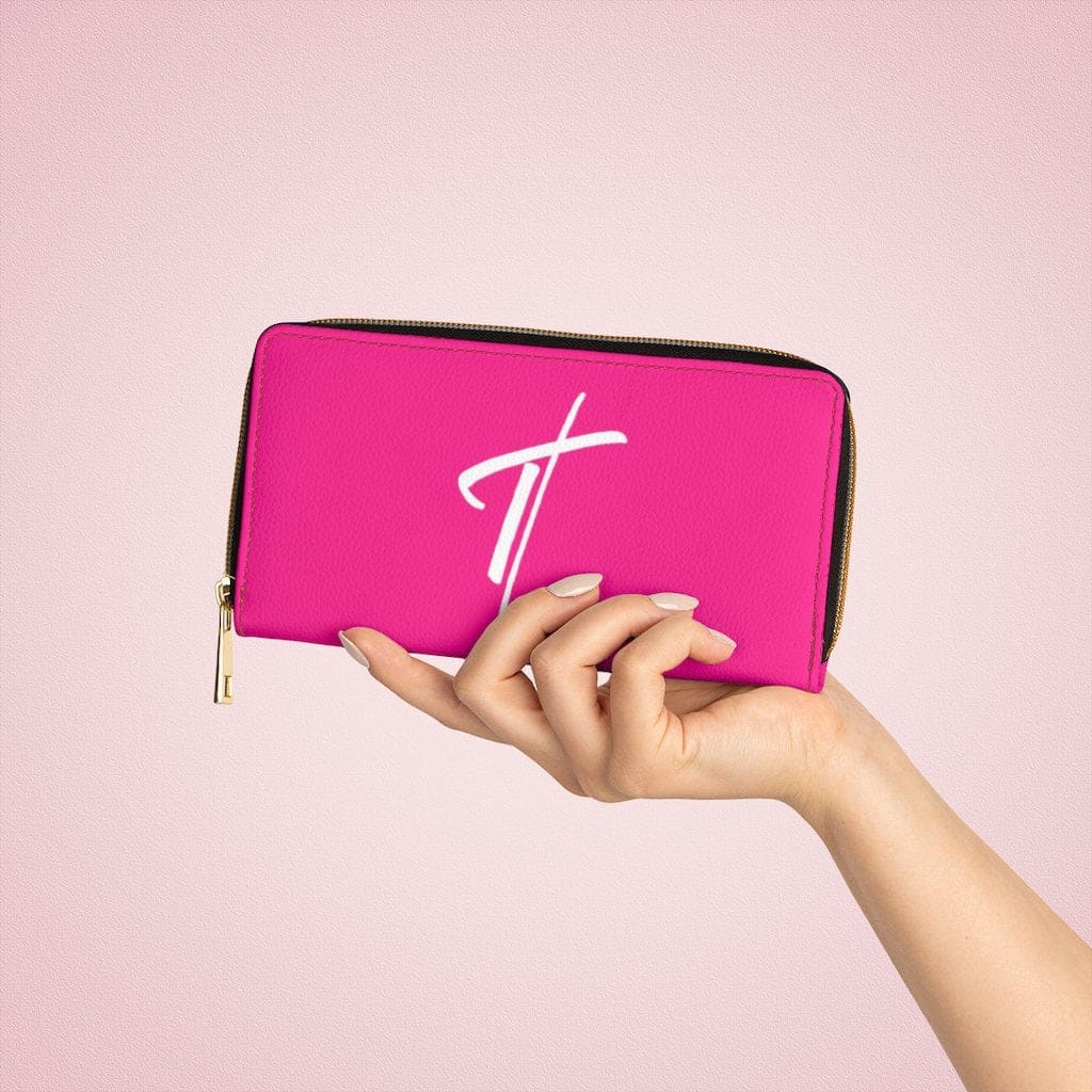 Stylish pink and white cross zip wallet for women, showcasing its elegant design and functional features.