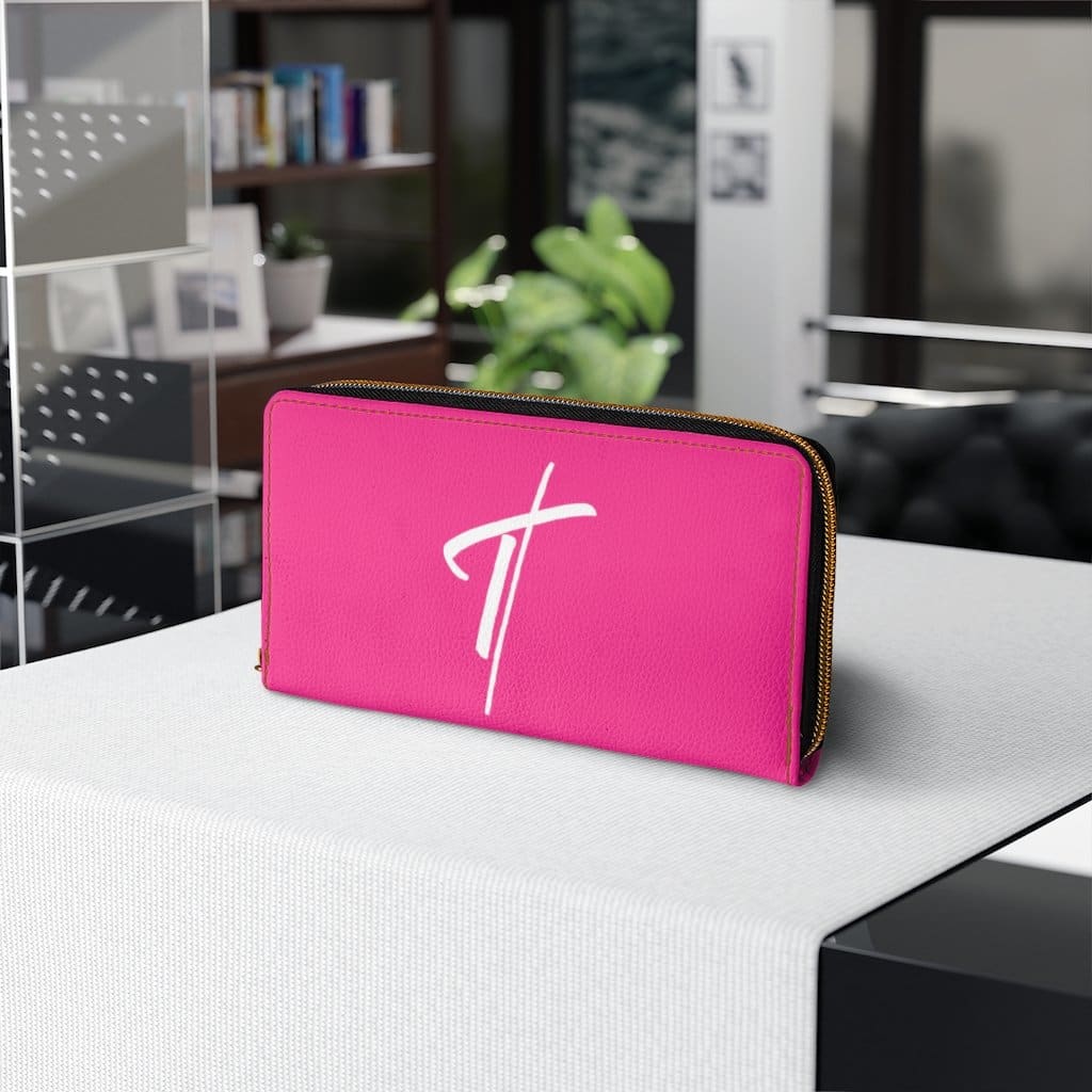 Stylish pink and white cross zip wallet for women, showcasing its elegant design and functional features.