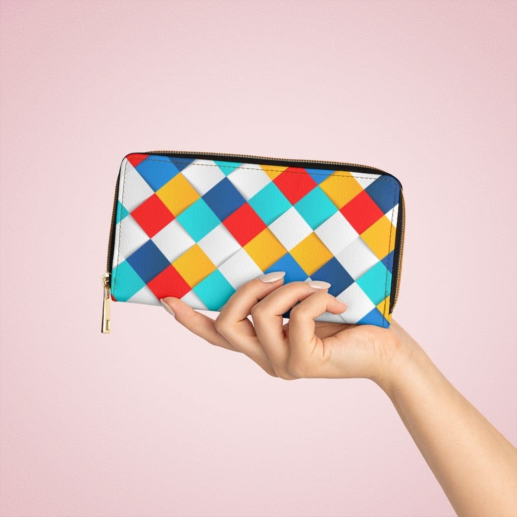 Stylish women's zip wallet in white multicolor colorblock design, showcasing its sleek faux leather finish and gold stitching.