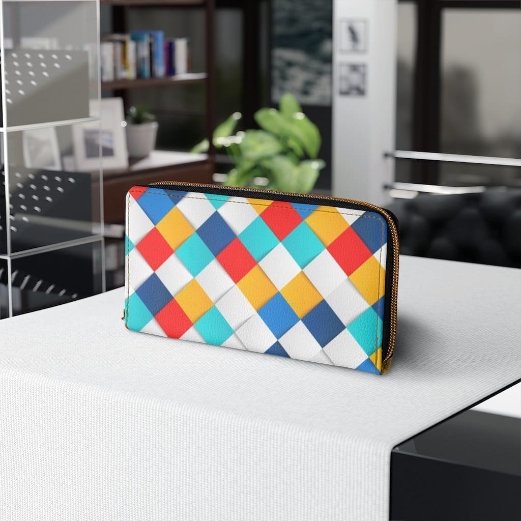 Stylish women's zip wallet in white multicolor colorblock design, showcasing its sleek faux leather finish and gold stitching.