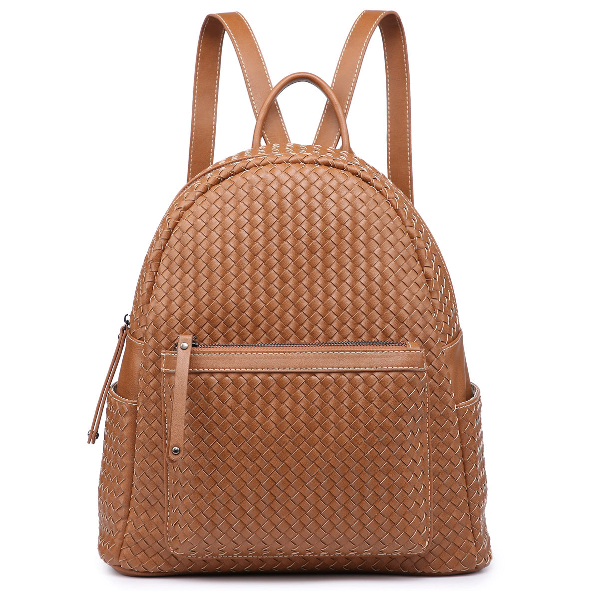 Stylish brown woven backpack purse for women made from vegan leather, showcasing intricate handmade craftsmanship.