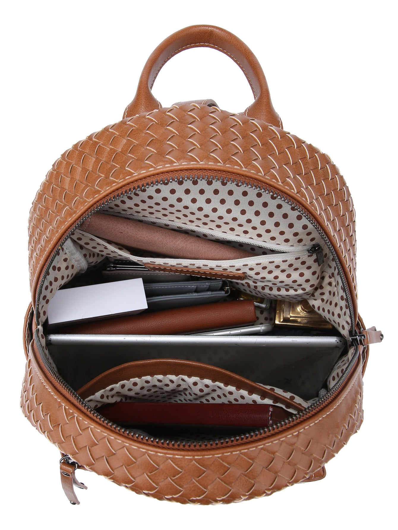 Stylish brown woven backpack purse for women made from vegan leather, showcasing intricate handmade craftsmanship.