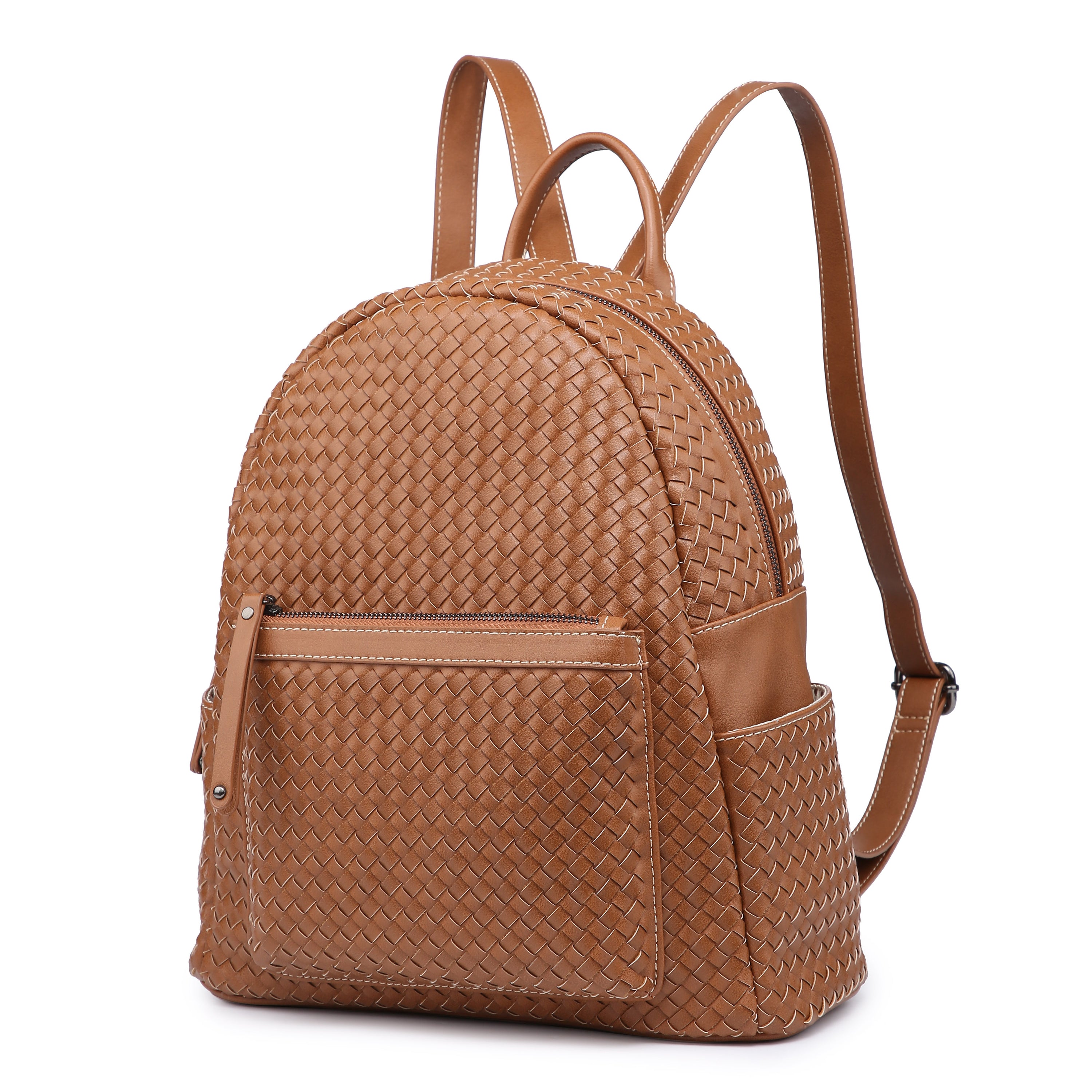 Stylish brown woven backpack purse for women made from vegan leather, showcasing intricate handmade craftsmanship.