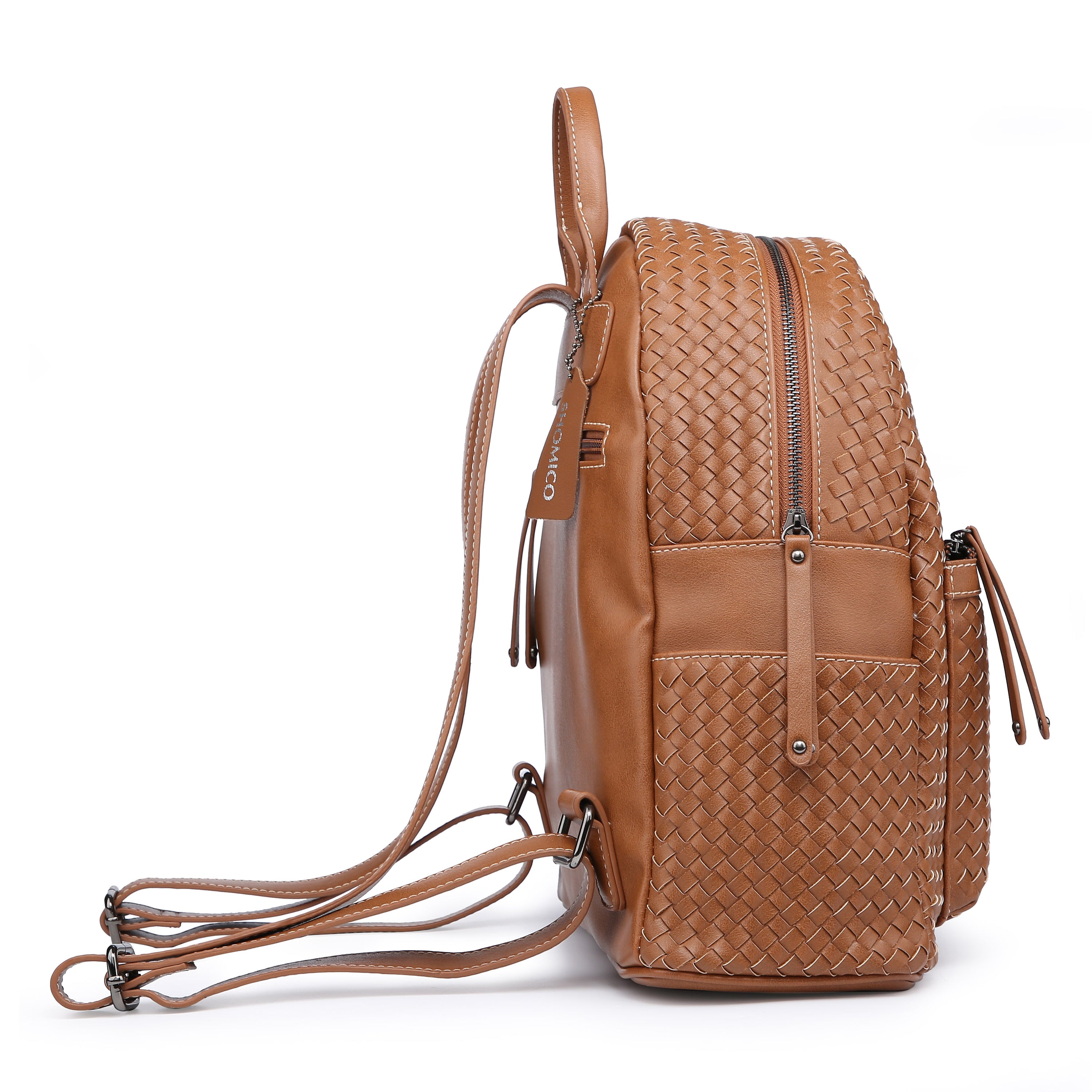 Stylish brown woven backpack purse for women made from vegan leather, showcasing intricate handmade craftsmanship.