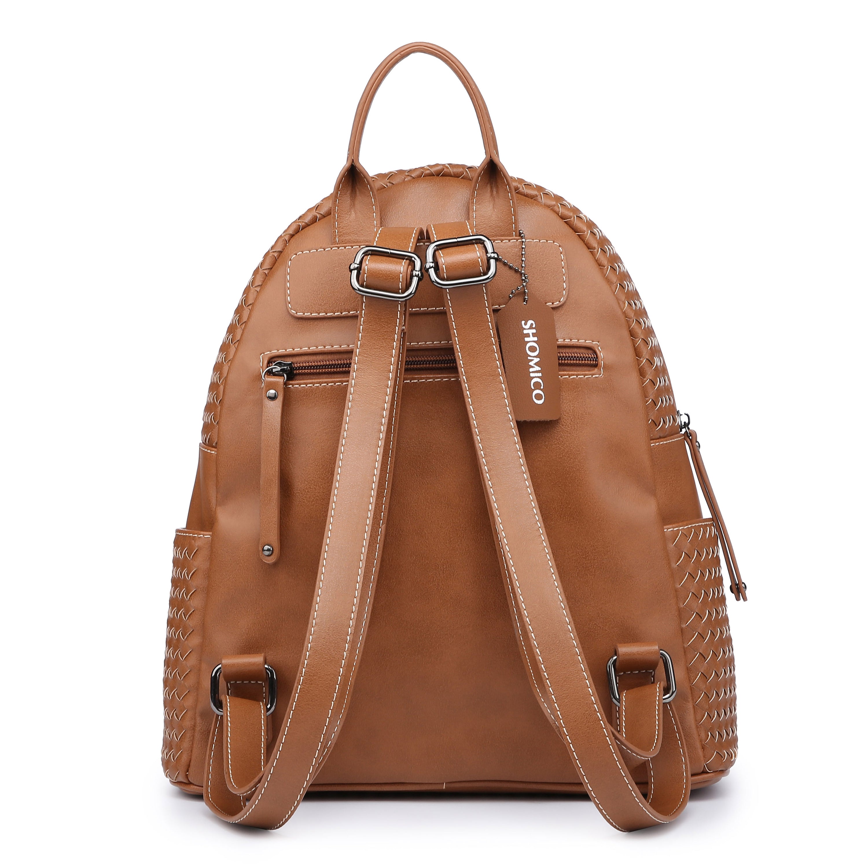 Stylish brown woven backpack purse for women made from vegan leather, showcasing intricate handmade craftsmanship.