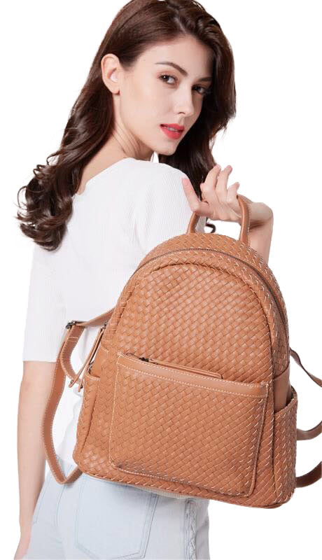 Stylish brown woven backpack purse for women made from vegan leather, showcasing intricate handmade craftsmanship.