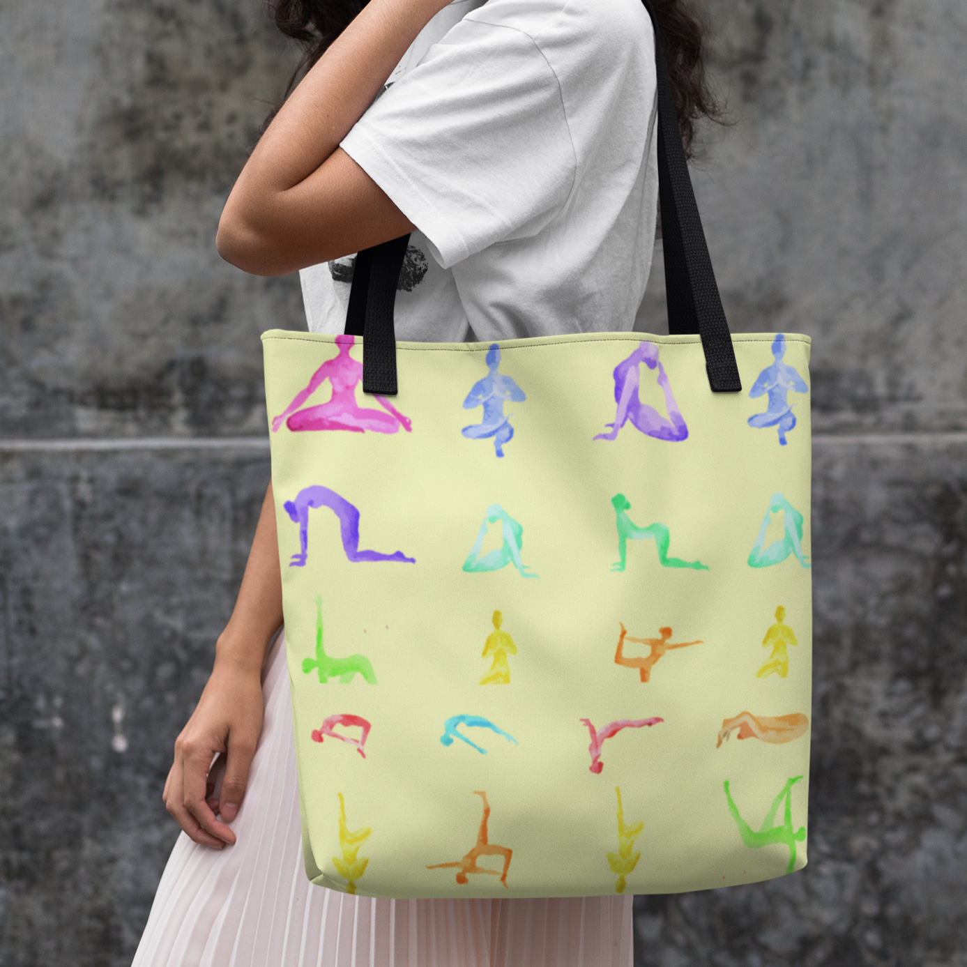 Yoga Sanctuary Everyday Yellow Tote Bag with black handles, spacious design, and vibrant color, perfect for beach or daily use.