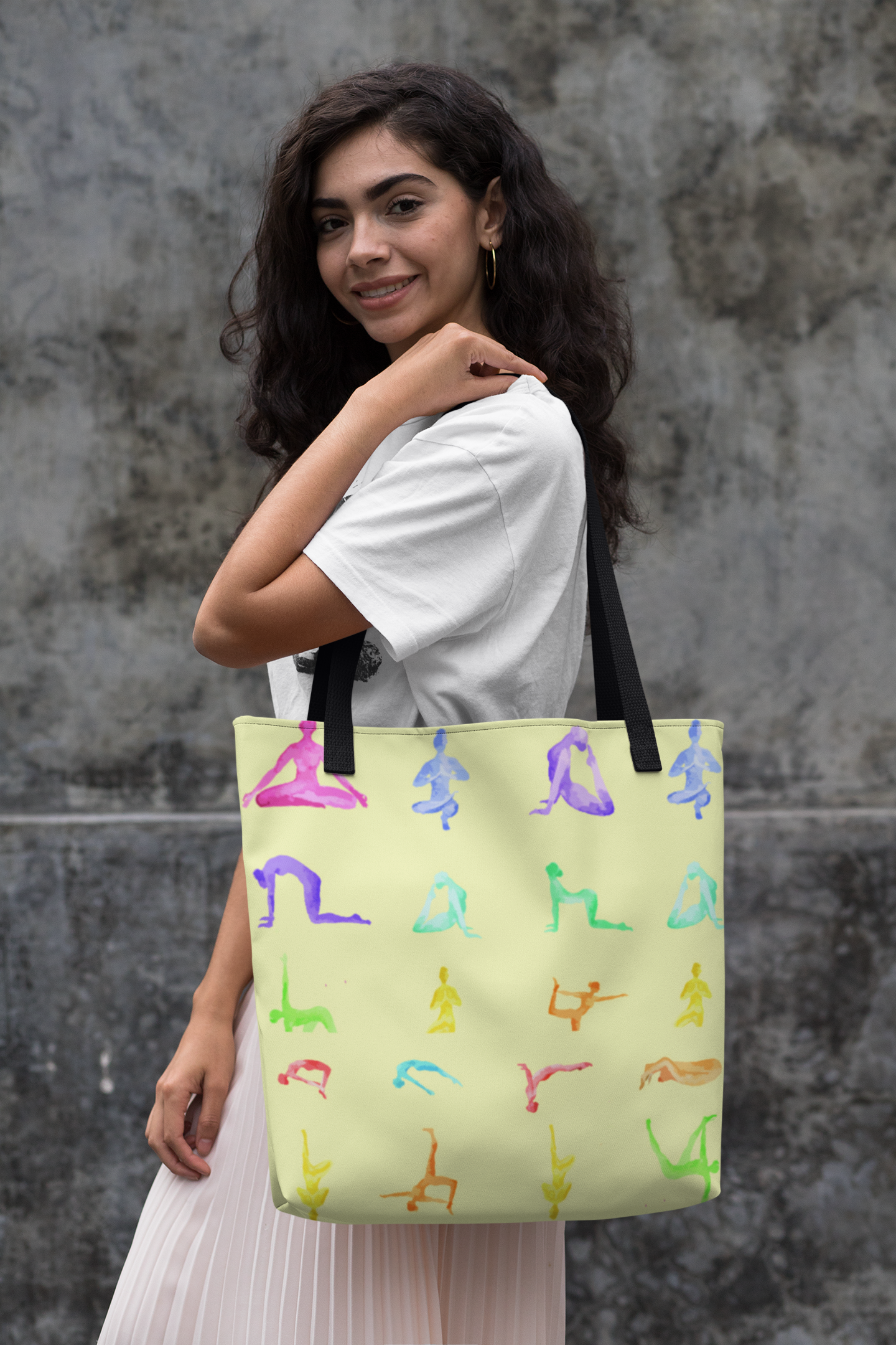 Yoga Sanctuary Everyday Yellow Tote Bag with black handles, spacious design, and vibrant color, perfect for beach or daily use.