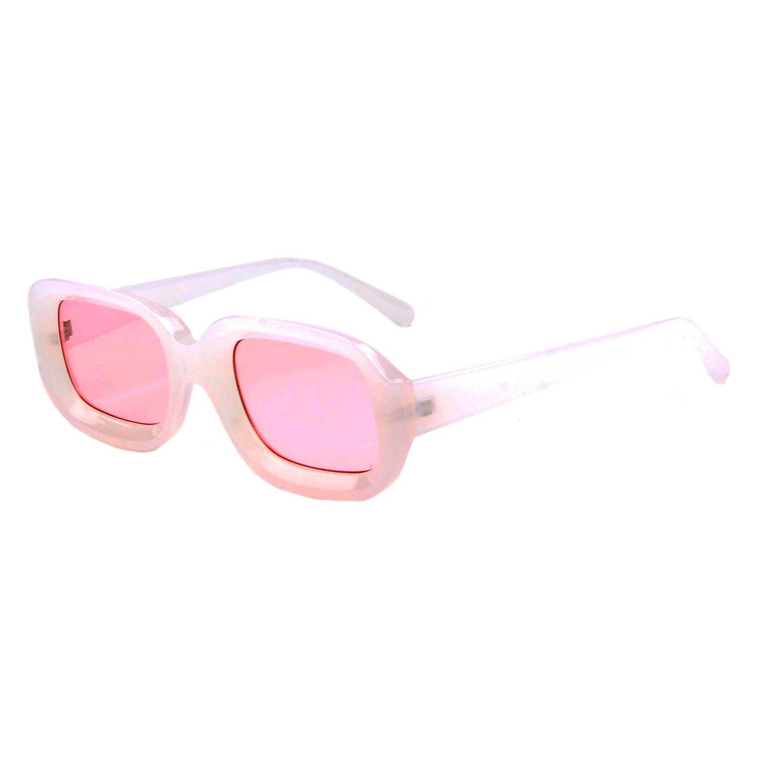 Pink square-framed sunglasses.