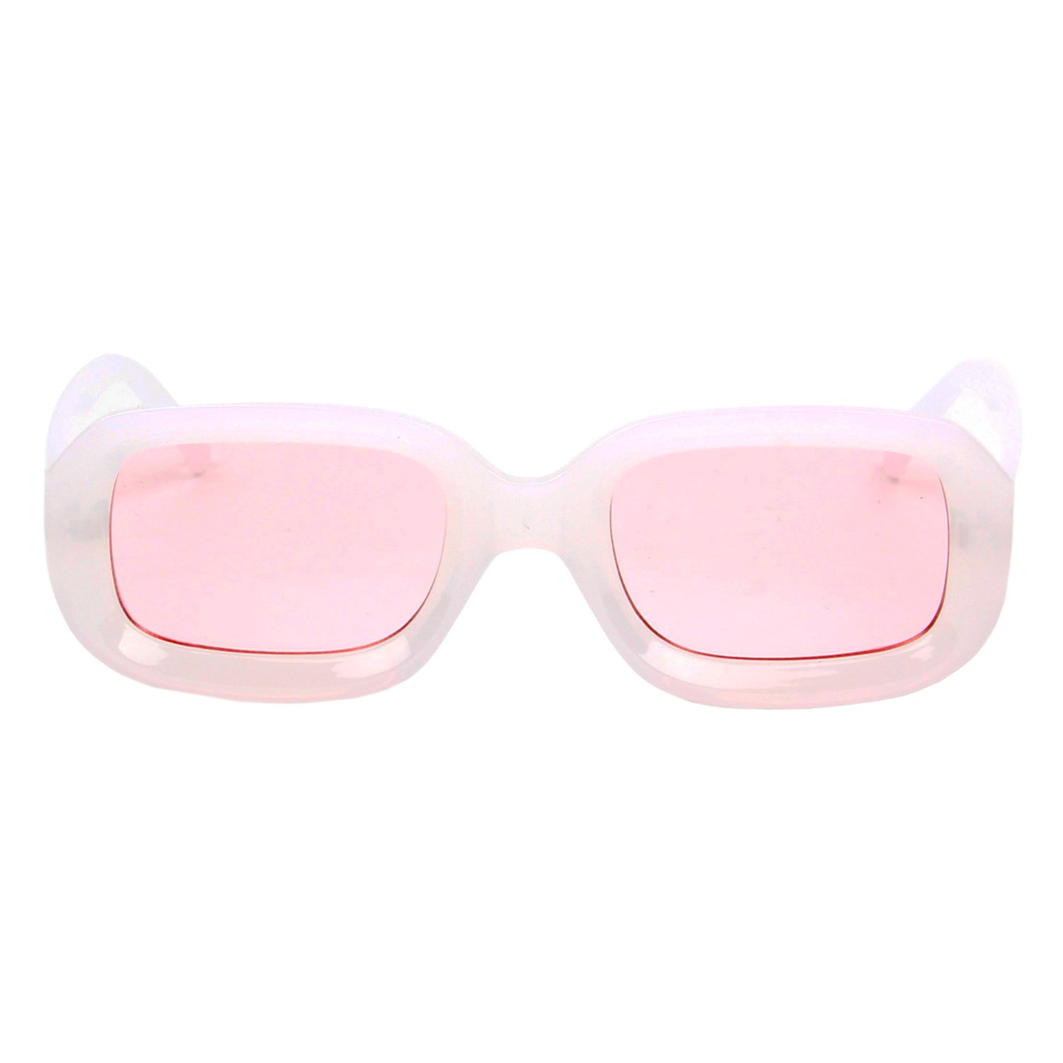 Pink-tinted rectangular sunglasses.