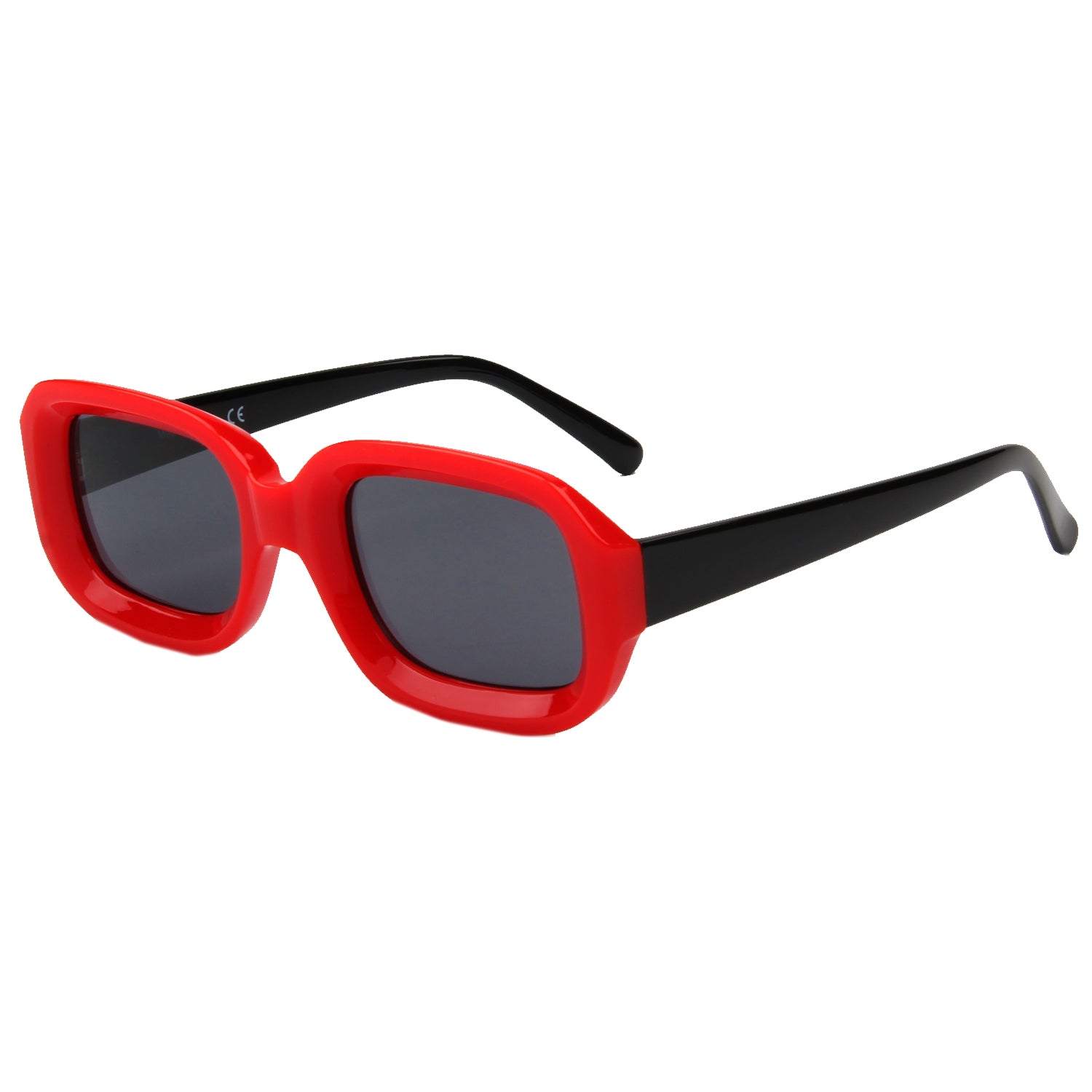 Red square-frame sunglasses with black arms.